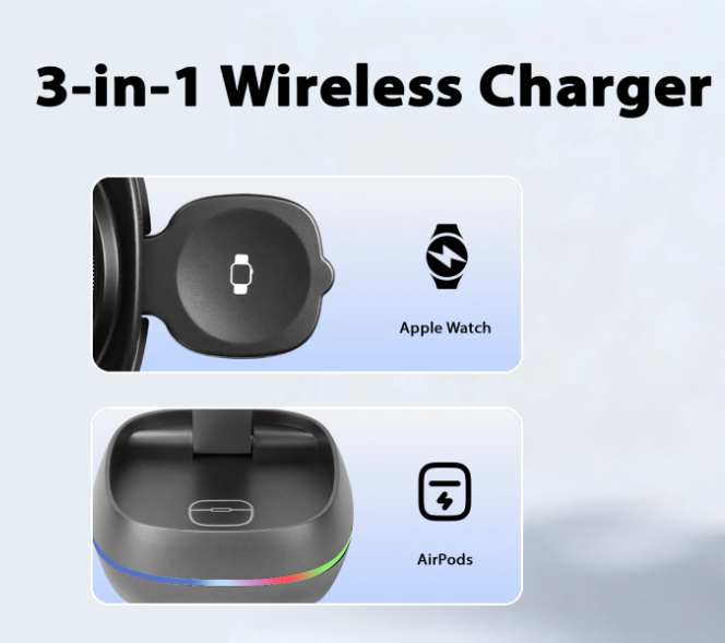 Caricatore Wireless 3 in 1 Pieghevole 15W con Luce RGB – iPhone, AirPods & Apple Watch - WX681
