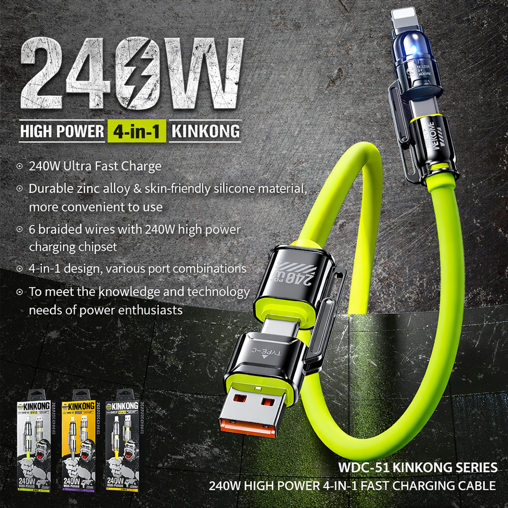 Cavo di Ricarica Rapida 4 in 1 da 240W 1.2M – USB | USB-C | Type-C | Lightning – Silicone Liquido, Alta Velocità Dati - WDC-51