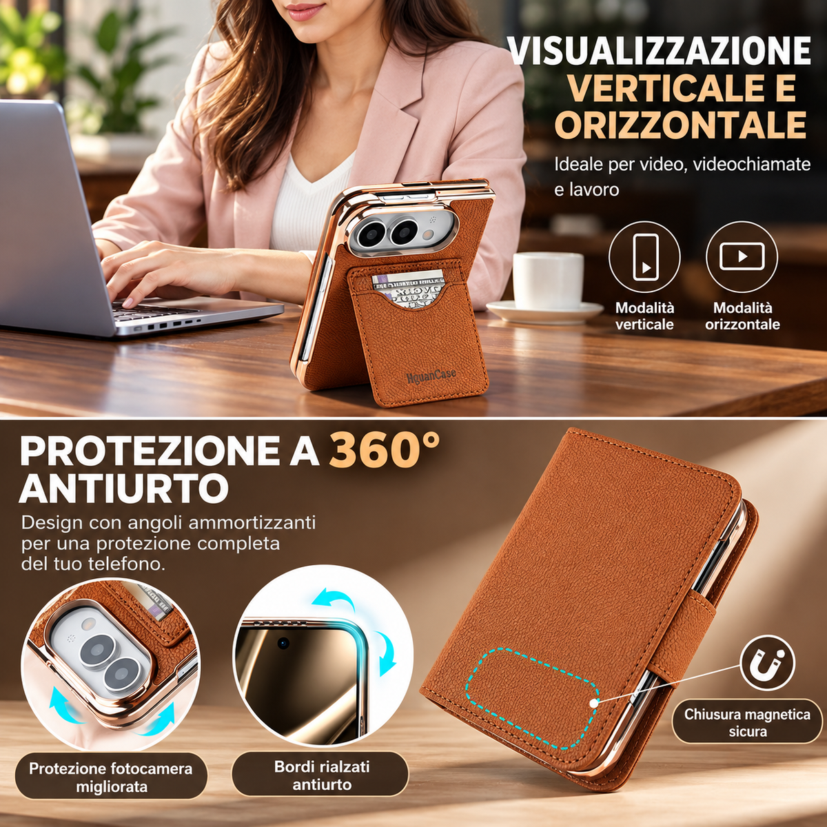 Cover a Libro 2 in 1 Magnetica e Staccabile per iPhone Duo, Custodia Portafoglio in PU con Porta Carte, Supporto Verticale e Orizzontale, Chiusura Magnetica e Laccetto-DUO-L01