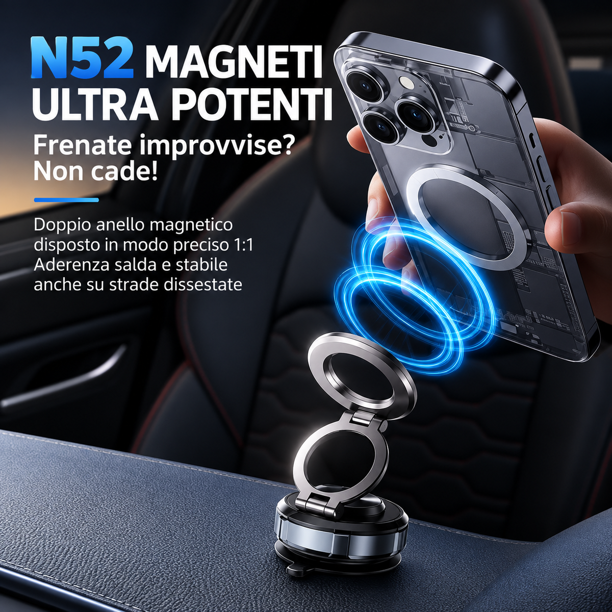 Supporto Magnetico per Smartphone N52 con Ventosa – Pieghevole, Rotazione 360°, Regolazione Multi-Angolo per Auto, Casa e Ufficio - SD07