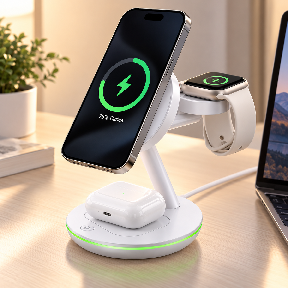 SiiPRO Caricatore Wireless Magnetico 3 in 1 da 15W con Luce LED, Stazione di Ricarica per Smartphone, Smartwatch e Auricolari, Supporto da Scrivania – SW-41