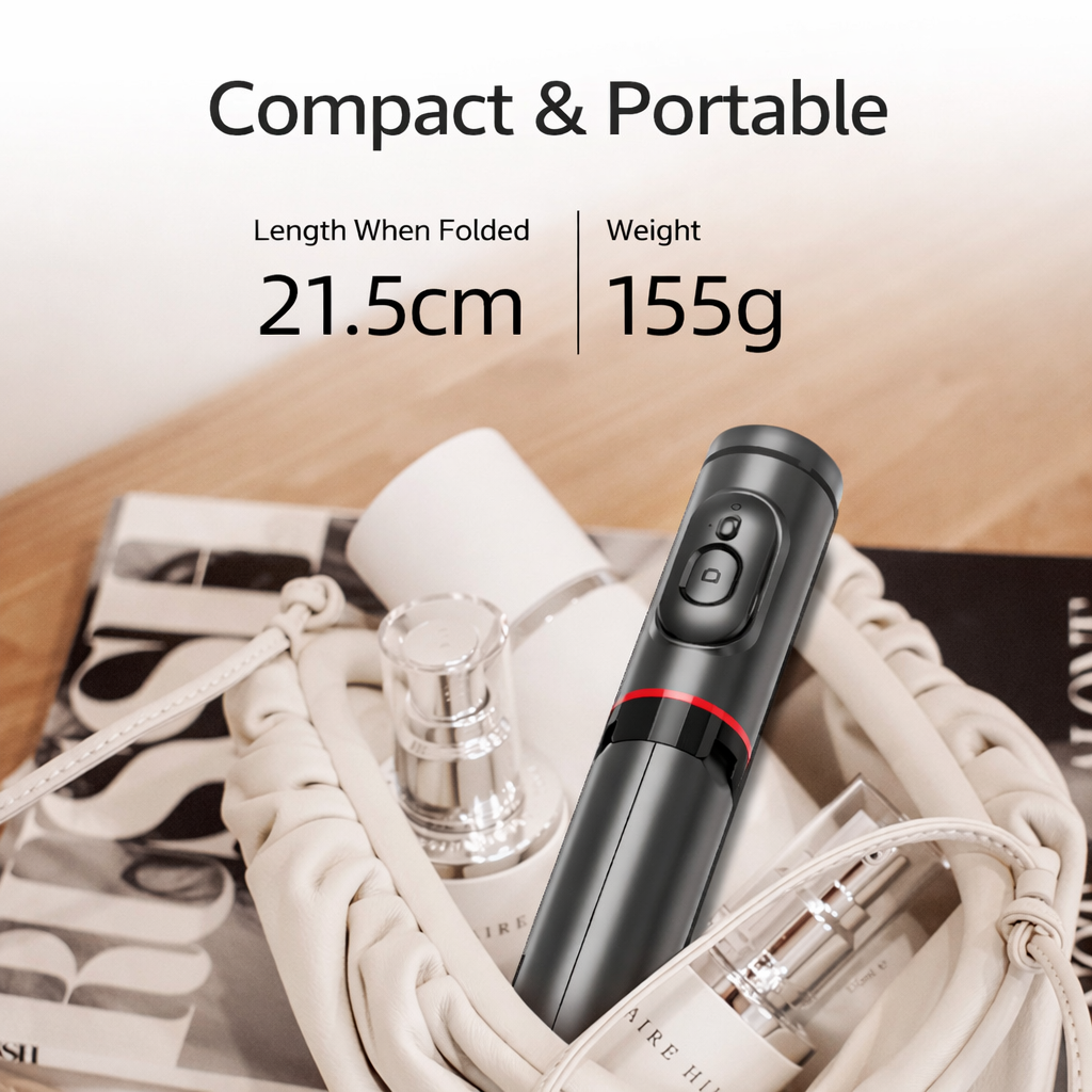 Selfie Stick Mini All-in-One Portatile per Smartphone con Treppiede Integrato, Luce di Riempimento e Telecomando Bluetooth - Q12S