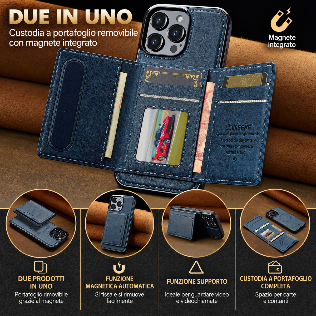 Cover Magnetica con Portafoglio Rimovibile 2 in 1 – Supporto Regolabile e Porta Carte CS15