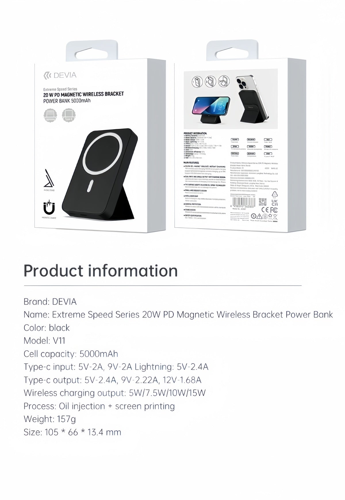 POWER BANK DA 5000mAh 20W Magnetic wireless bracket- con Lightning e Type-c