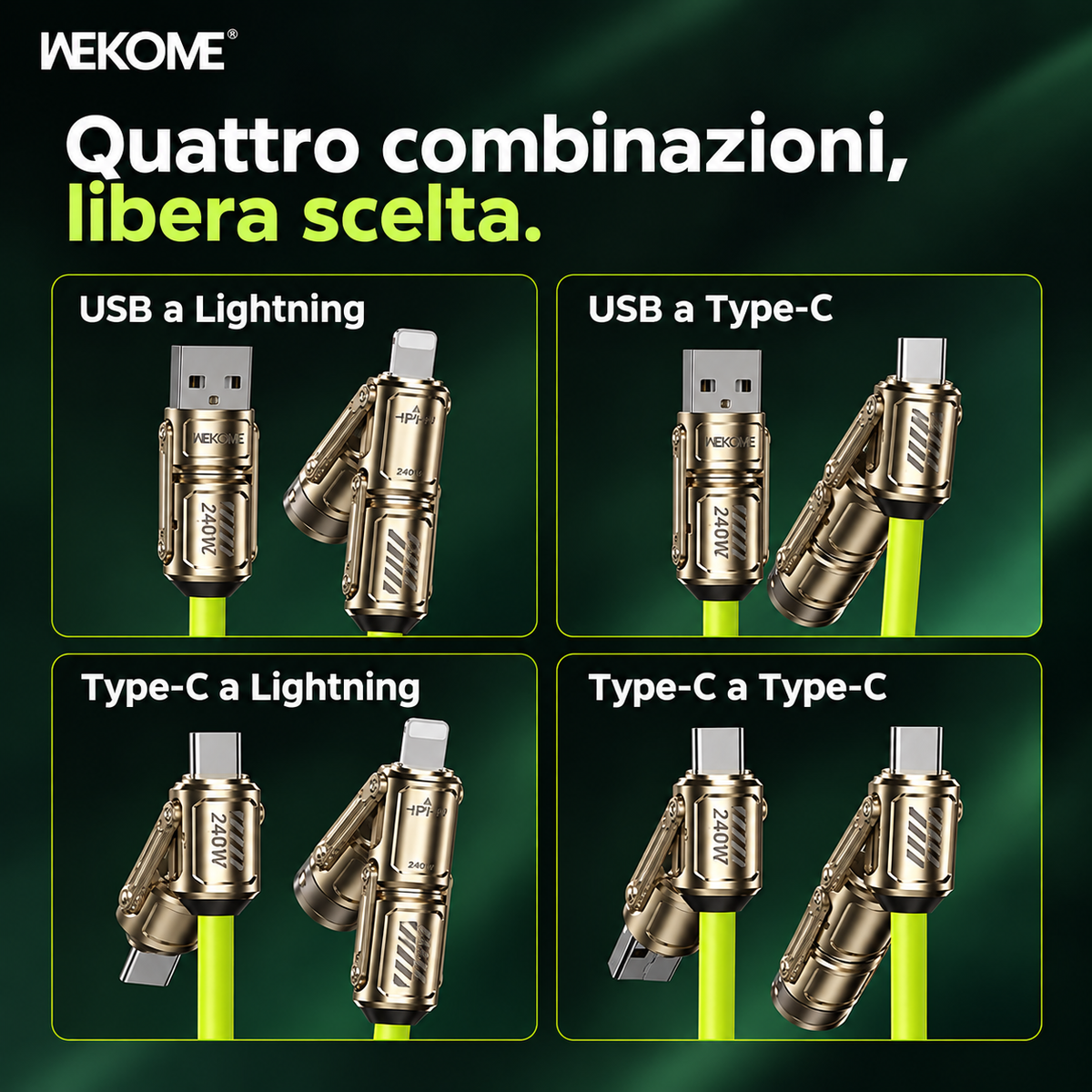 Cavo di Ricarica Rapida per Auto 4 in 1, 240W, Compatibile con CarPlay, Spirale Estensibile fino a 1,8 m, Connettori USB, Type-C e Lightning, per Smartphone e Tablet, Design Antigroviglio – WDC-80