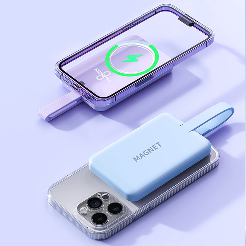Power bank portatile di grande capacità da 10.000 mAh, con ricarica rapida wireless magnetica di emergenza e cavo integrato - YJ01