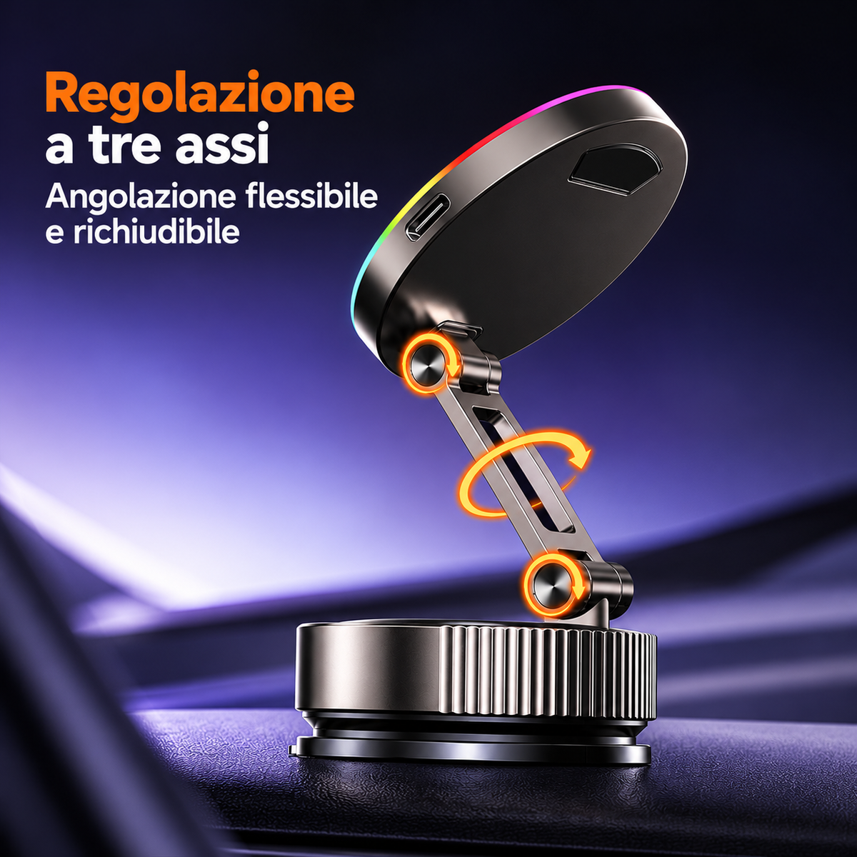 Supporto Magnetico per Smartphone K13 con Ricarica Wireless 15W e Luce RGB – Ventosa a Vuoto, Rotazione 360°, Braccio Pieghevole Regolabile, Base con Blocco a Rotazione per Auto, Scrivania e Casa-K13