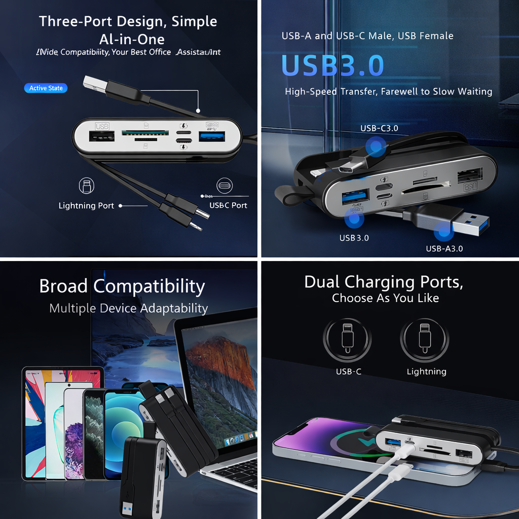 Hub 6 Porte 3-in-1 ad Alta Velocità con Lettore SD/TF + Doppia Ricarica – Compatibile con Smartphone e Computer - NK-1058