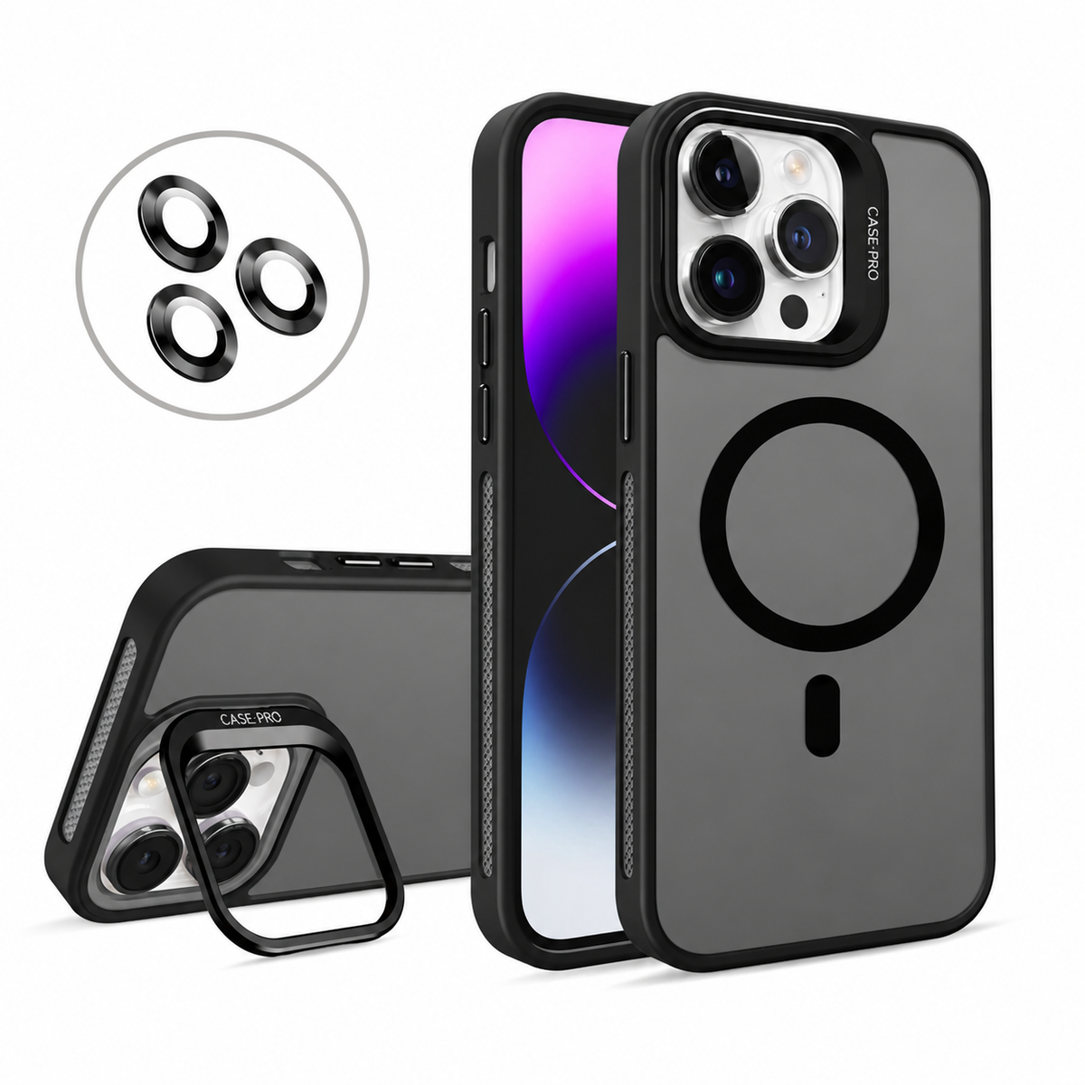 Cover per iPhone con Supporto Fotocamera Integrato - incluso cerchi fotocamere – Semi-trasparente -Compatibile con MagSafe - 1107