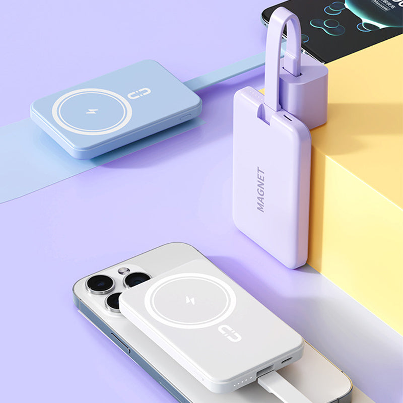 Power bank portatile di grande capacità da 10.000 mAh, con ricarica rapida wireless magnetica di emergenza e cavo integrato - YJ01