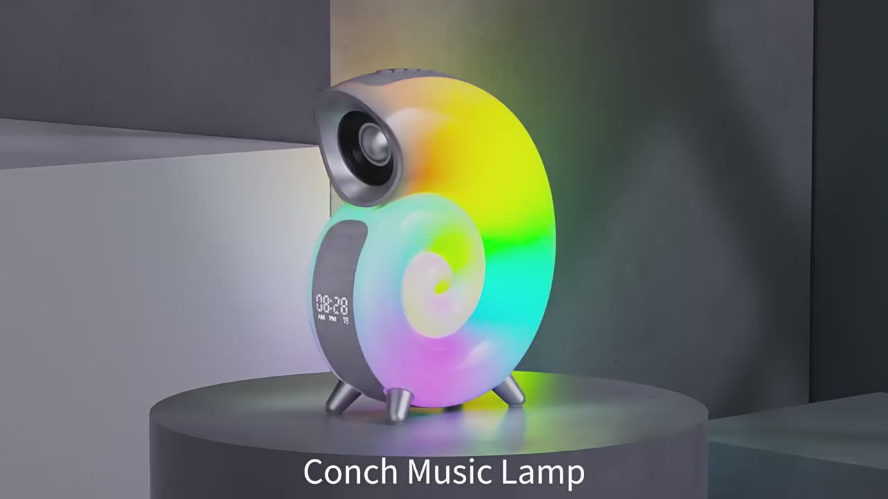 Lampada Musica a Conchiglia AI con Speaker Bluetooth Intelligente (TF/USB/FM) — Suoni Bianchi, Sveglia, Luce Notturna e Controllo APP | 10W