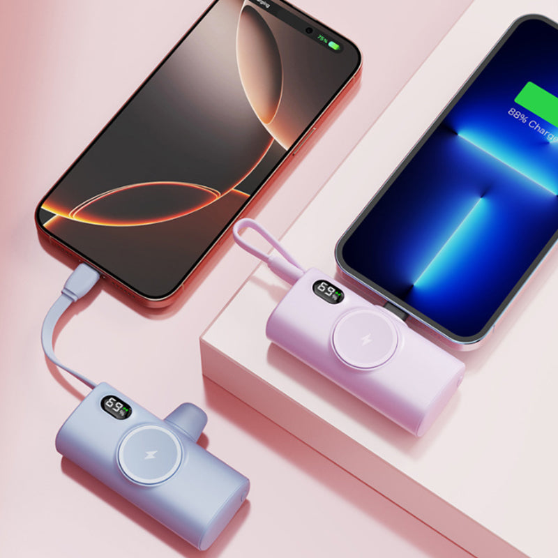 Power Bank Tascabile a Forma di Capsula | Wireless con Ricarica Magnetica | Compatibile con Smartwatch | Con Cavo Integrato | Porta Type-C | Design Ultra Compatto| 5000mAh - PB01