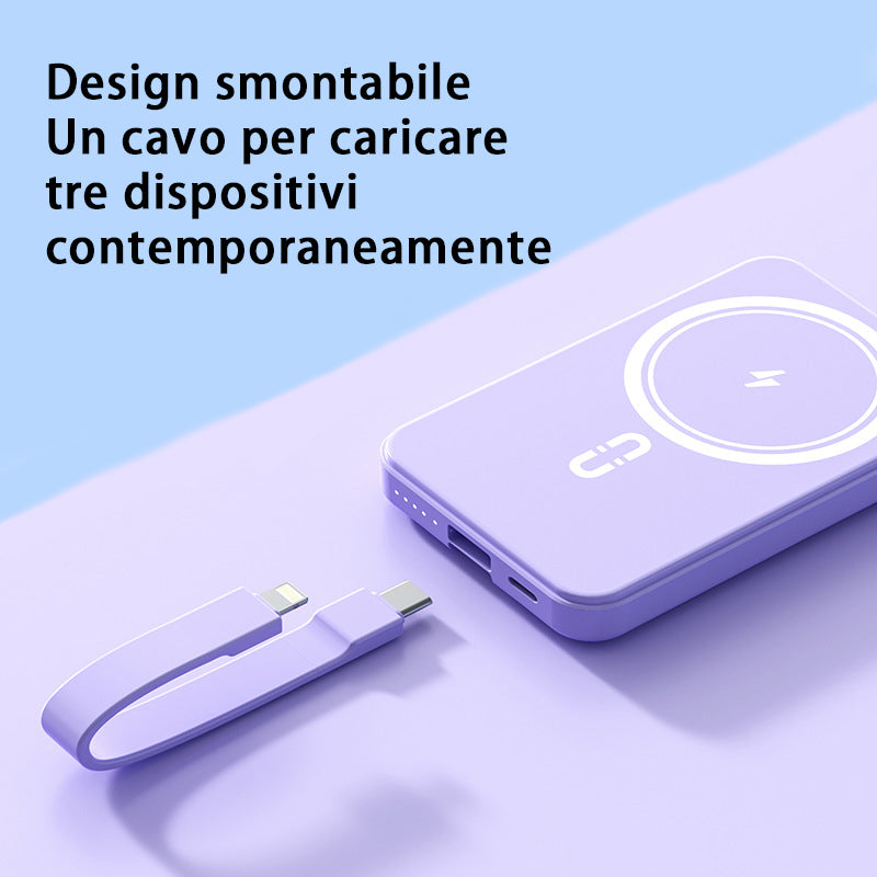 Power bank portatile di grande capacità da 10.000 mAh, con ricarica rapida wireless magnetica di emergenza e cavo integrato - YJ01