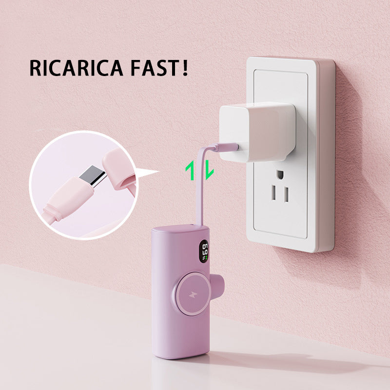Power Bank Tascabile a Forma di Capsula | Wireless con Ricarica Magnetica | Compatibile con Smartwatch | Con Cavo Integrato | Porta Type-C | Design Ultra Compatto - PT01