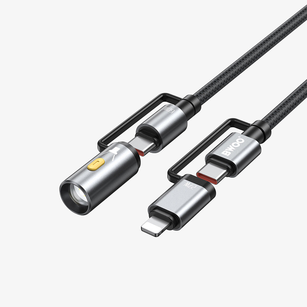Cavo 4-in-1 Ricarica Veloce e Trasferimento Dati | Tipo-C, Lightning, Accendisigari | con Torcia, Nylon Intrecciato 60W  – 60W Nylon Intrecciato - X307/X308