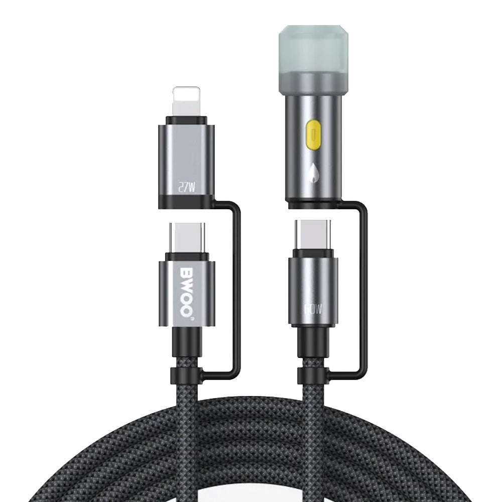 Cavo 4-in-1 Ricarica Veloce e Trasferimento Dati | Tipo-C, Lightning, Accendisigari | con Torcia, Nylon Intrecciato 60W  – 60W Nylon Intrecciato - X307/X308