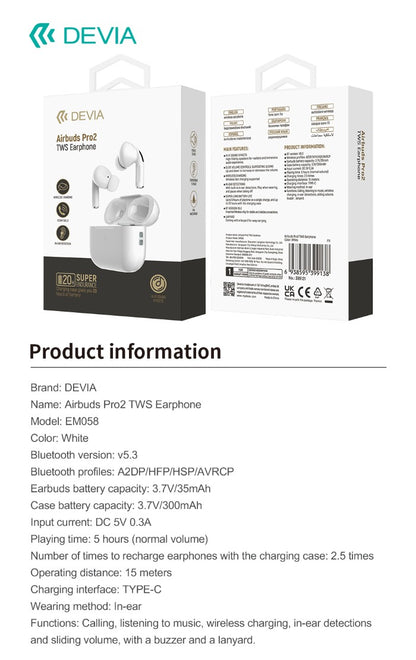 Auricolari wireless Airbuds Pro2 TWS EM058 – Bluetooth 5.3, Hi-Fi, 20h autonomia, comandi touch, ricarica wireless