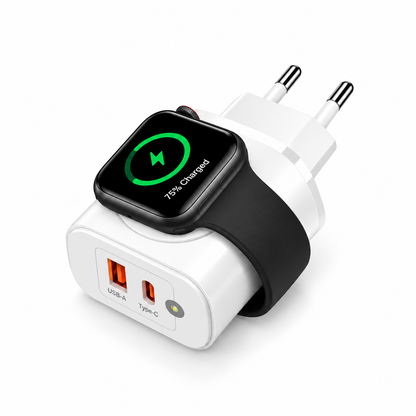 Caricatore Rapido 3 in 1 da 20W con Ricarica Wireless Magnetica 3W per Apple Watch, Alimentatore PD con Porte USB-C e USB-A, per Smartphone e Smartwatch-CA-23W