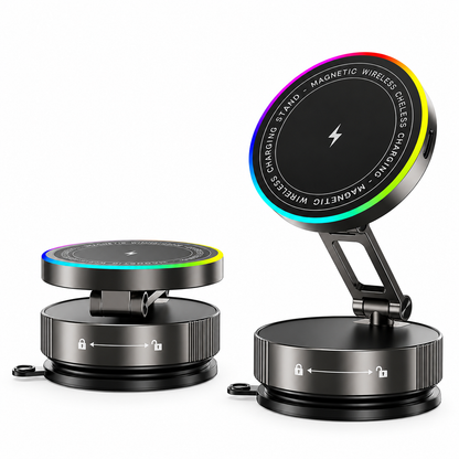 Supporto Magnetico per Smartphone K13 con Ricarica Wireless 15W e Luce RGB – Ventosa a Vuoto, Rotazione 360°, Braccio Pieghevole Regolabile, Base con Blocco a Rotazione per Auto, Scrivania e Casa-K13