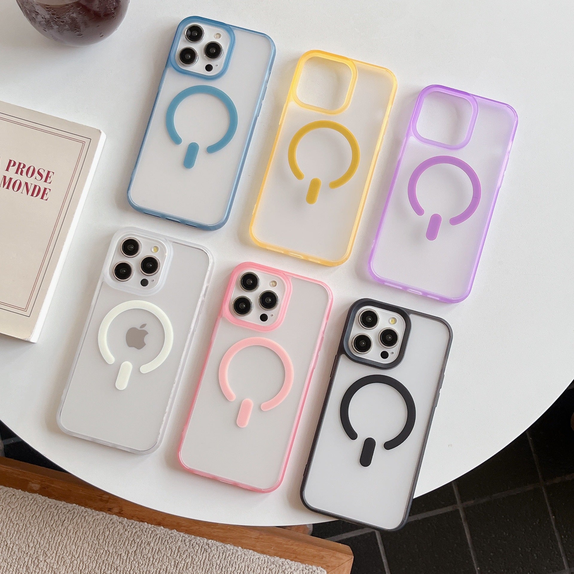 Cover per iPhone trasparente opaca con bordi colorati, compatibile con MagSafe - 7016