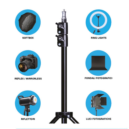Treppiede Multifunzionale Fotografico in Alluminio alto 2.1 metri – Cavalletto Regolabile e Pieghevole per Luci, Softbox e Accessori - LS-TRP01