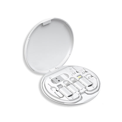 Kit da viaggio 6 in 1 – Scatola portacavi multifunzione con supporto smartphone, ricarica rapida PD 60W, cavo Type-C, adattatori Lightning/Micro USB/USB, spillo SIM incluso