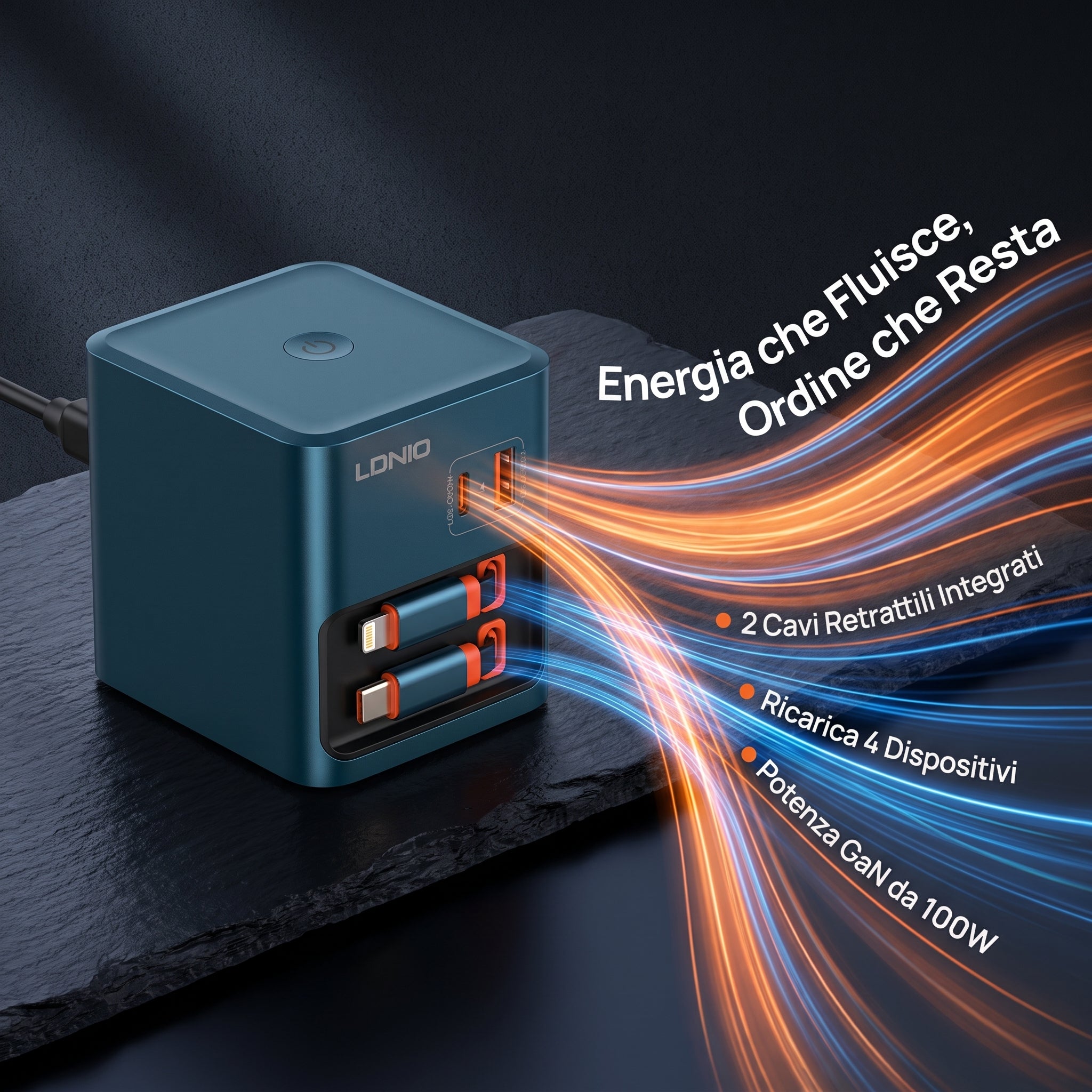 Caricatore GaN 100W PD 3.0 con 2 Cavi USB-C Retrattili Integrati | 2 Porte USB | Ricarica Rapida per Notebook, Smartphone e Tablet - Q16-100W