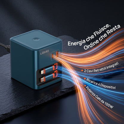 Caricatore GaN 100W PD 3.0 con 2 Cavi USB-C Retrattili Integrati | 2 Porte USB | Ricarica Rapida per Notebook, Smartphone e Tablet - Q16-100W