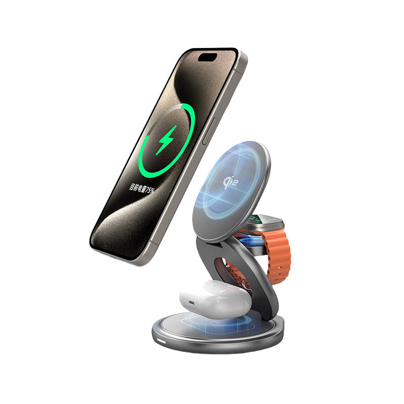 Caricatore Wireless Qi2 3 in 1 in Alluminio – Compatibile con MagSafe | Pieghevole con Rotazione a 360° | per iPhone | AirPods | Apple Watch -Q2