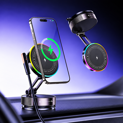 Supporto Magnetico per Smartphone K13 con Ricarica Wireless 15W e Luce RGB – Ventosa a Vuoto, Rotazione 360°, Braccio Pieghevole Regolabile, Base con Blocco a Rotazione per Auto, Scrivania e Casa-K13