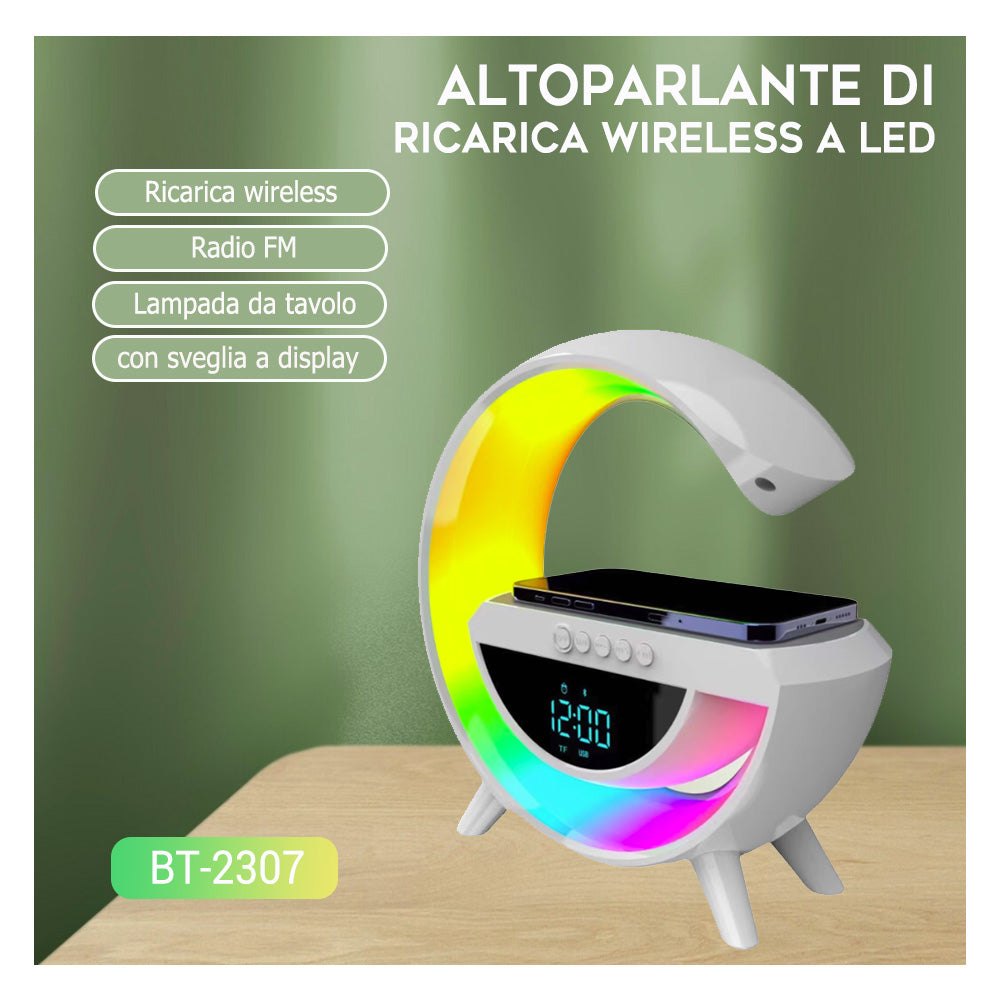 Altoparlante Bluetooth con radio FM, luci LED a 6 colori, display con sveglia digitale e ricarica wireless integrata - BT2307
