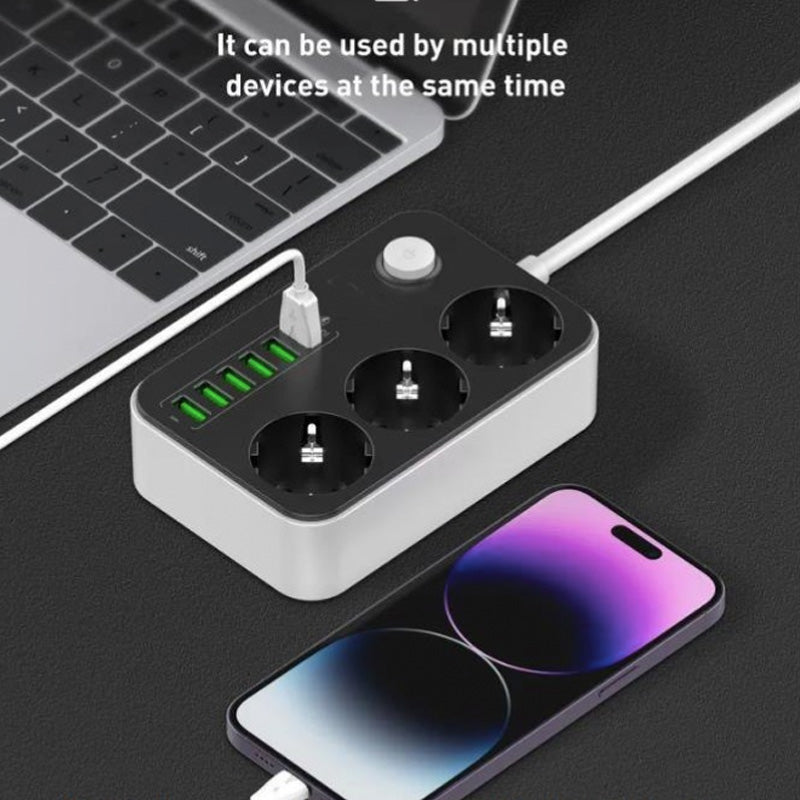 Multipresa 3 Prese + 6 USB con Interruttore – Cavo 3 m, Spina UE, Ricarica 3.4A - SE3631-3M
