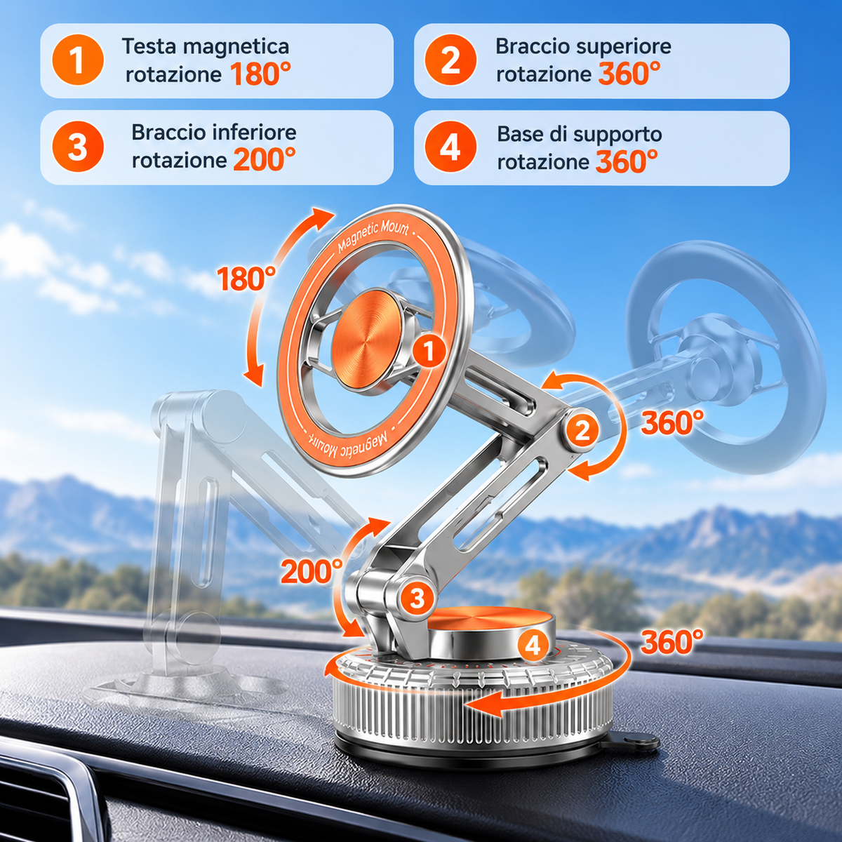 Supporto Magnetico a Ventosa in Metallo, Pieghevole e Regolabile, Rotazione a 360°, Multisuperficie per Auto, Casa e Ufficio, Ideale per Cruscotti e Superfici Lisce – X2-102