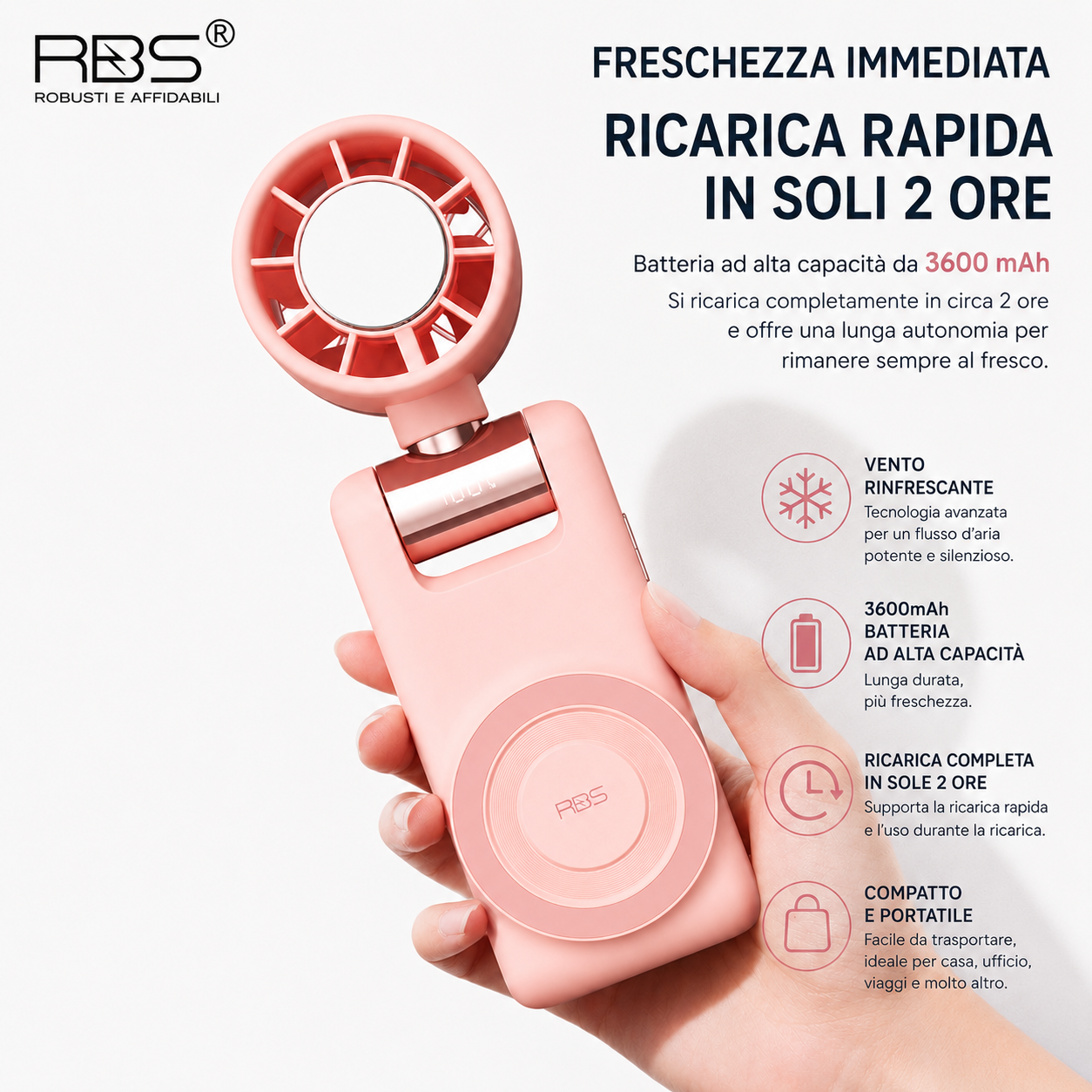 Ventilatore Portatile USB con sistema di Raffreddamento a Semiconduttore | Magnetico con Supporto Pieghevole 180° | Mini Ventilatore Ricaricabile 3600mAh | 100 Livelli di Velocità | Display Digitale -GT22