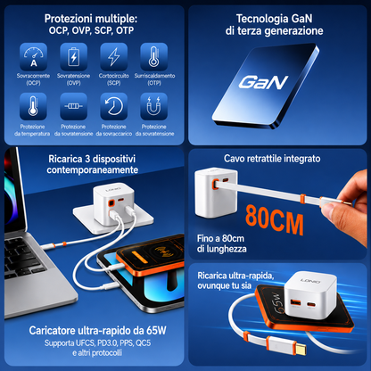 Caricatore GaN 65W PD 3.0 con Cavo USB-C Retrattile Integrato | USB-C + USB-A | Ricarica Rapida per Notebook, Smartphone e Tablet - Q10-65W