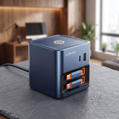 Caricatore GaN 100W PD 3.0 con 2 Cavi USB-C Retrattili Integrati | 2 Porte USB | Ricarica Rapida per Notebook, Smartphone e Tablet - Q16-100W