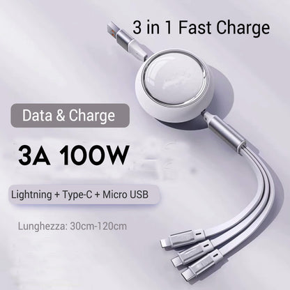 Cavo dati 3 in 1 — Ricarica veloce da 100W (Lightning, Type-C e Micro USB) — Estensibile fino a 120 cm -SC-100