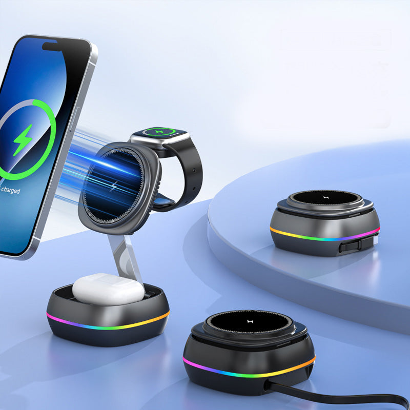 Caricatore Wireless 3 in 1 Pieghevole 15W con Luce RGB – iPhone, AirPods & Apple Watch - WX681
