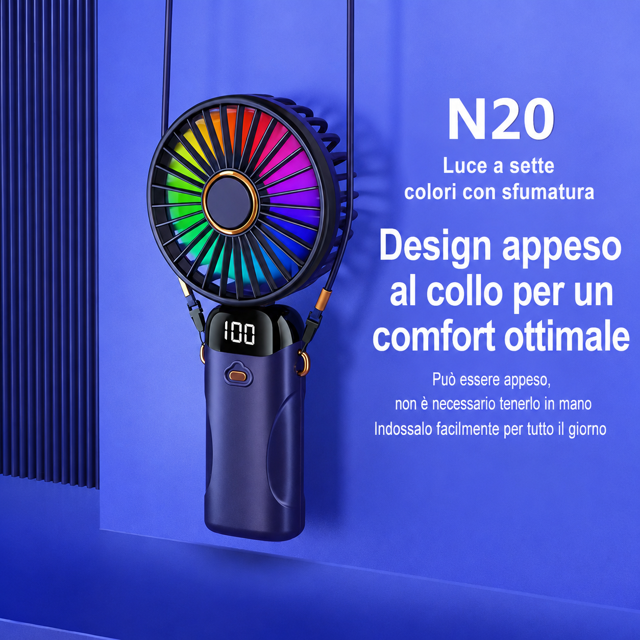 Ventilatore Mini Portatile Pieghevole | Ricarica USB Type-C | Ventilatore da Collo con Laccetto | 100 Livelli di Velocità | Display LED | Regolazione a 90° | Silenzioso | Ventilatore Compatto da Viaggio-N15