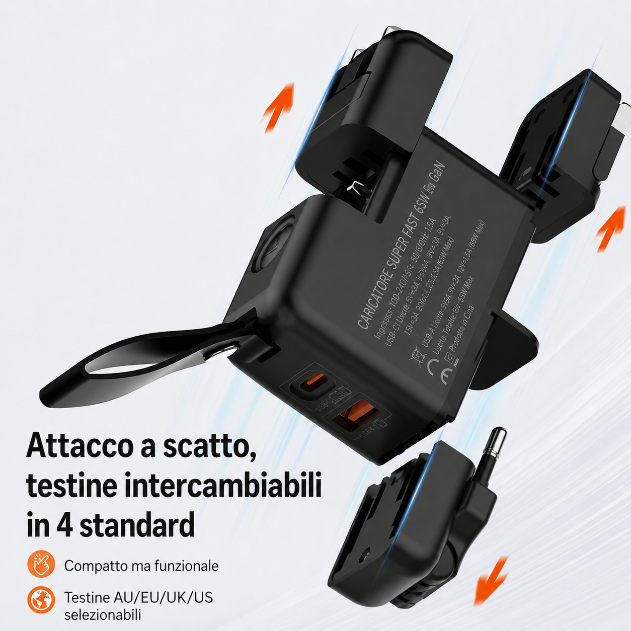 Caricatore Universale GaN 65W con Adattatori Internazionali EU/US/UK/AU | USB-C + USB-A | Ricarica Rapida per iPhone, Samsung, iPad, MacBook, Laptop e Tablet
