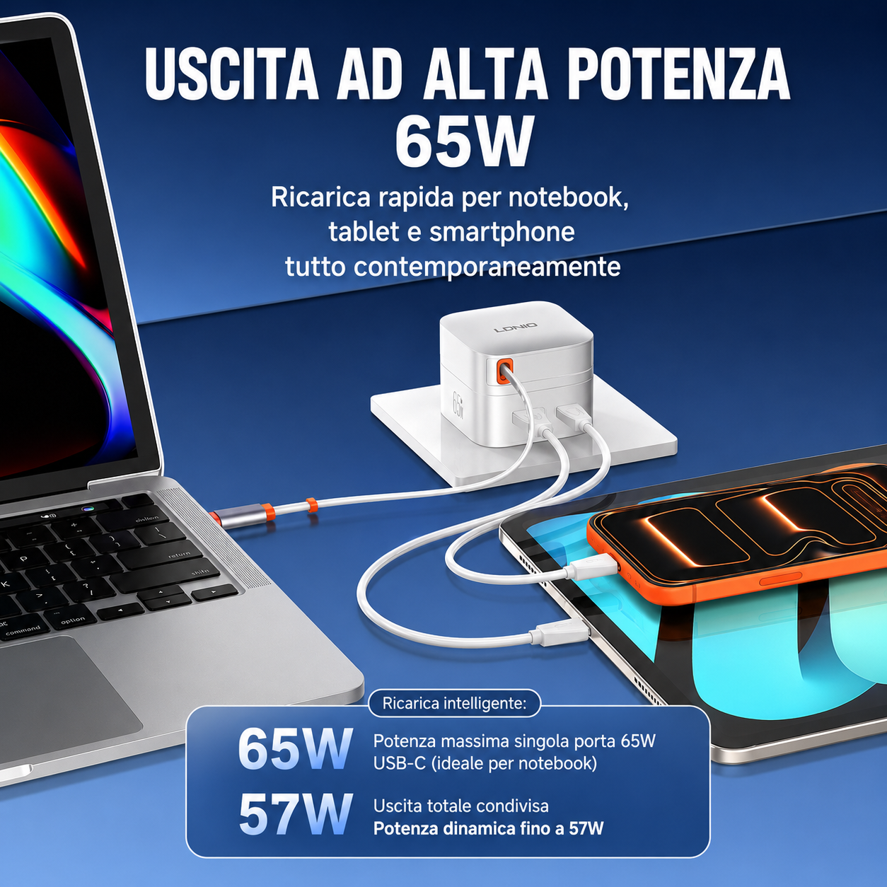 Caricatore GaN 65W PD 3.0 con Cavo USB-C Retrattile Integrato | USB-C + USB-A | Ricarica Rapida per Notebook, Smartphone e Tablet - Q10-65W