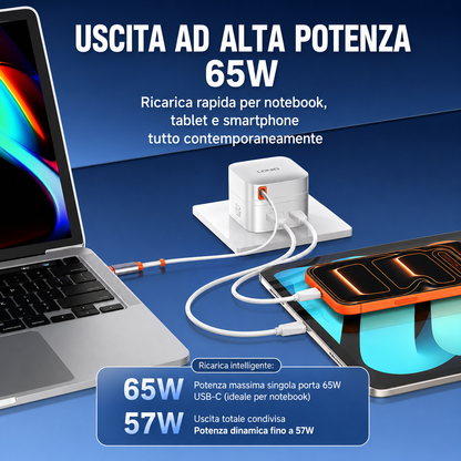 Caricatore GaN 65W PD 3.0 con Cavo USB-C Retrattile Integrato | USB-C + USB-A | Ricarica Rapida per Notebook, Smartphone e Tablet - Q10-65W