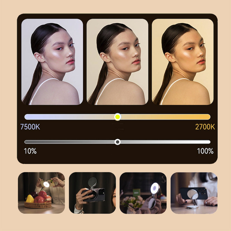 Luce Selfie Magnetica per Smartphone – Ring Light LED Bellezza, 3 Temperature Colore Regolabili, Portatile Pieghevole con Specchio - S5