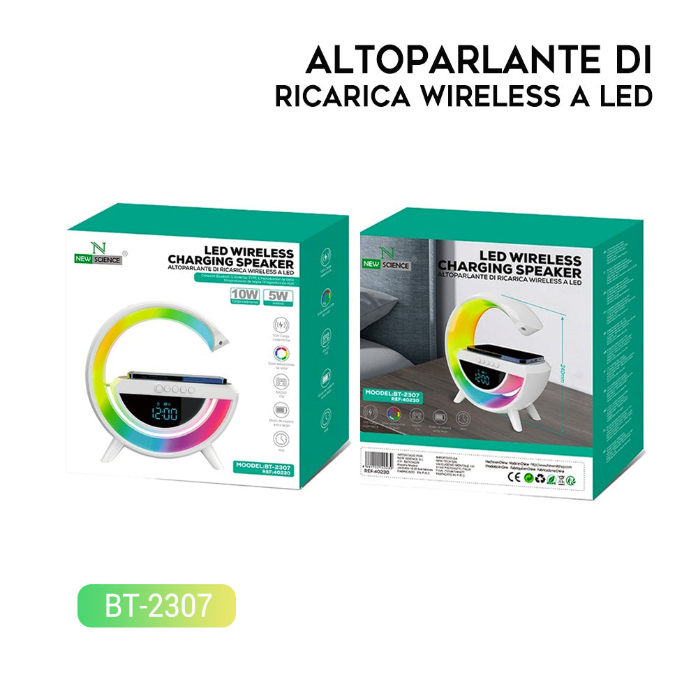 Altoparlante Bluetooth con radio FM, luci LED a 6 colori, display con sveglia digitale e ricarica wireless integrata - BT2307