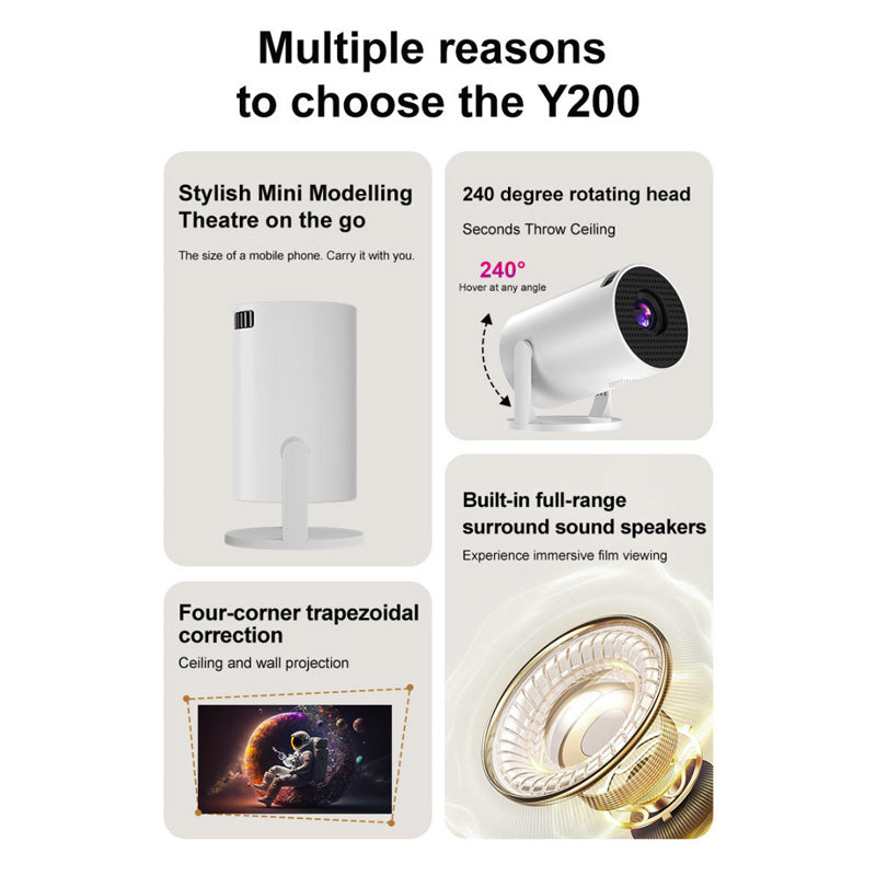Mini Proiettore LED Wireless – Rotazione a 240°, proiezione fino a 120" - 4K HD 1280x720 , compatibile con Android, iOS, HDMI e USB - Y200 | 300 Ultra