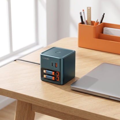 Caricatore GaN 100W PD 3.0 con 2 Cavi USB-C Retrattili Integrati | 2 Porte USB | Ricarica Rapida per Notebook, Smartphone e Tablet - Q16-100W
