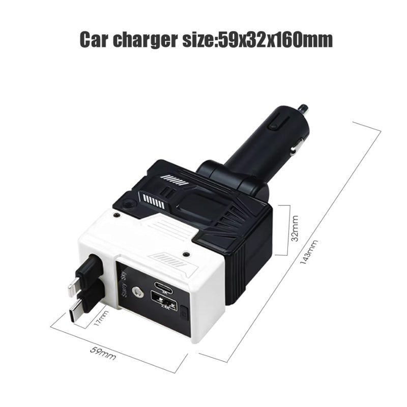 Caricatore auto 4 in 1 con LED cielo stellato, USB, Type-C e cavi estensibili Lightning | Type C – Ricarica rapida PD 3.0 66W -A1