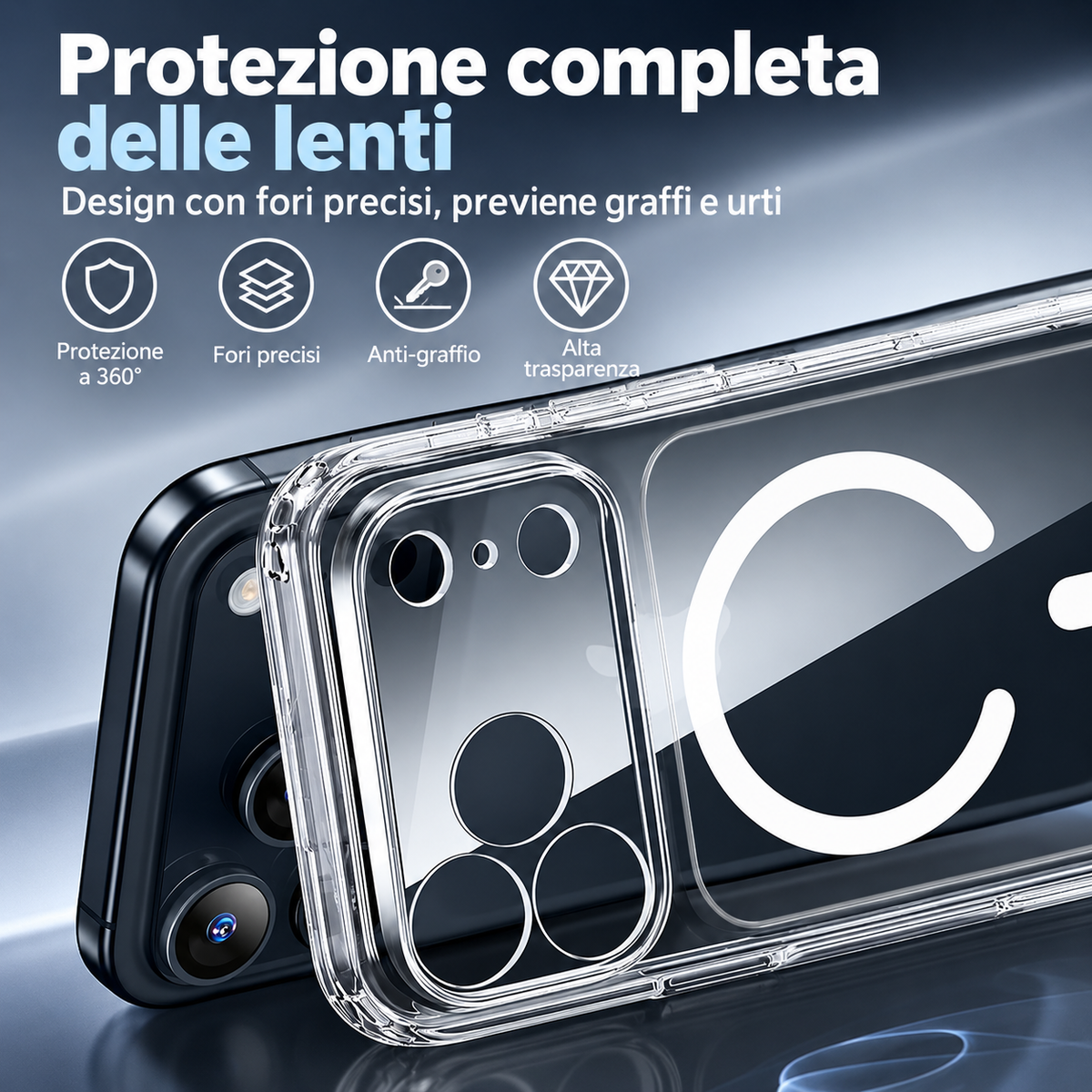 Cover Trasparente PC + TPU per iPhone – Antiurto, Anti ingiallimento ,Anti-Impronte e Anti-Graffio, Alta Trasparenza, Compatibile con MagSafe – 1110