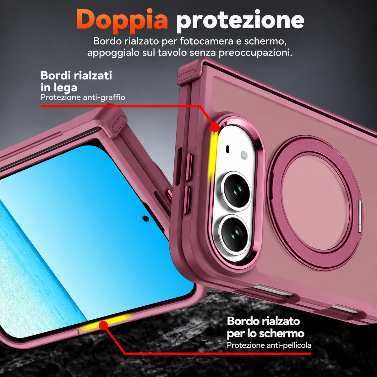 Cover Magnetica Antiurto con Supporto ad Anello 360° per iPhone – Ricarica Wireless e Protezione Fotocamera - DUO02