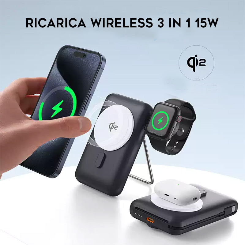 Power Bank Qi2 Magnetico 3 in 1 con Supporto Pieghevole – 15W Ricarica Wireless Ultra-Rapida per iPhone, Apple Watch, AirPods – 10000mAh con Cavo Integrato - MP06
